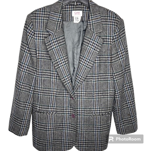 Graff Californiawear VINTAGE Plaid Wool Blazer Size‎ 10 Blue Burgundy Tan - Picture 1 of 5
